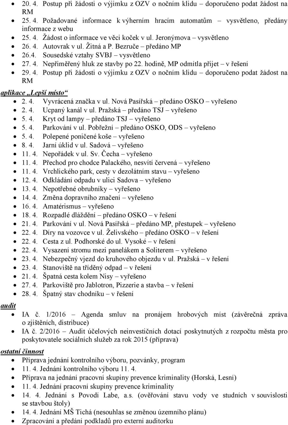4. Vyvrácená značka v ul. Nová Pasířská předáno OSKO vyřešeno 2. 4. Ucpaný kanál v ul. Pražská předáno TSJ vyřešeno 5. 4. Kryt od lampy předáno TSJ vyřešeno 5. 4. Parkování v ul.