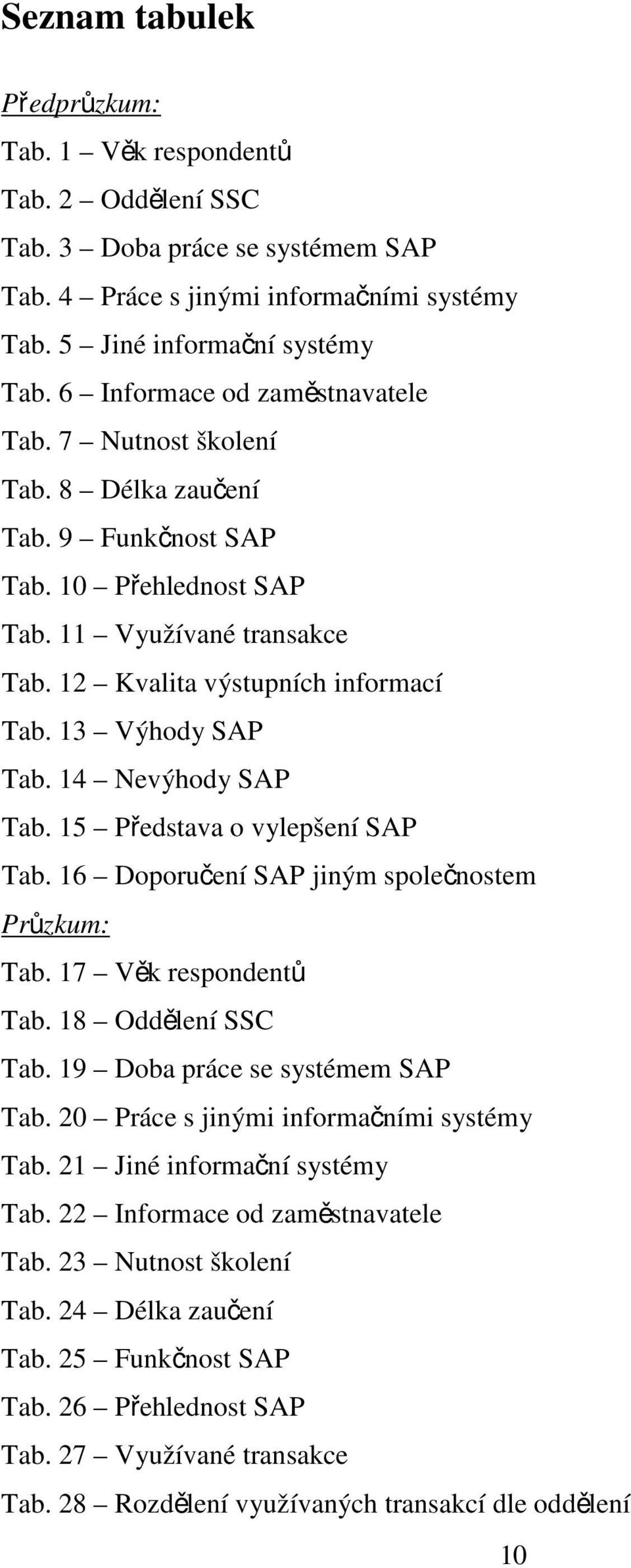 13 Výhody SAP Tab. 14 Nevýhody SAP Tab. 15 Představa o vylepšení SAP Tab. 16 Doporučení SAP jiným společnostem Průzkum: Tab. 17 Věk respondentů Tab. 18 Oddělení SSC Tab.
