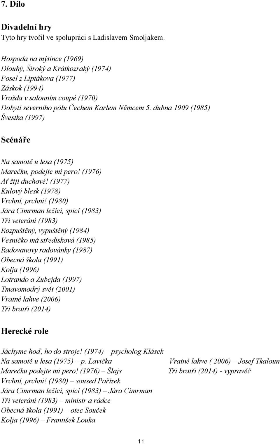 dubna 1909 (1985) Švestka (1997) Scénáře Na samotě u lesa (1975) Marečku, podejte mi pero! (1976) Ať žijí duchové! (1977) Kulový blesk (1978) Vrchní, prchni!