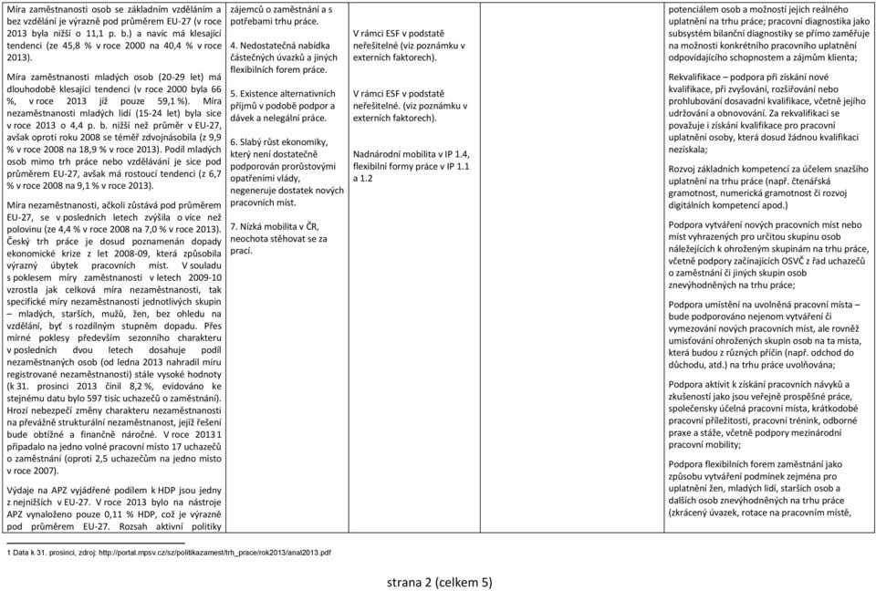 Míra nezaměstnanosti mladých lidí (15-24 let) byla sice v roce 2013 o 4,4 p. b. nižší než průměr v EU-27, avšak oproti roku 2008 se téměř zdvojnásobila (z 9,9 % v roce 2008 na 18,9 % v roce 2013).