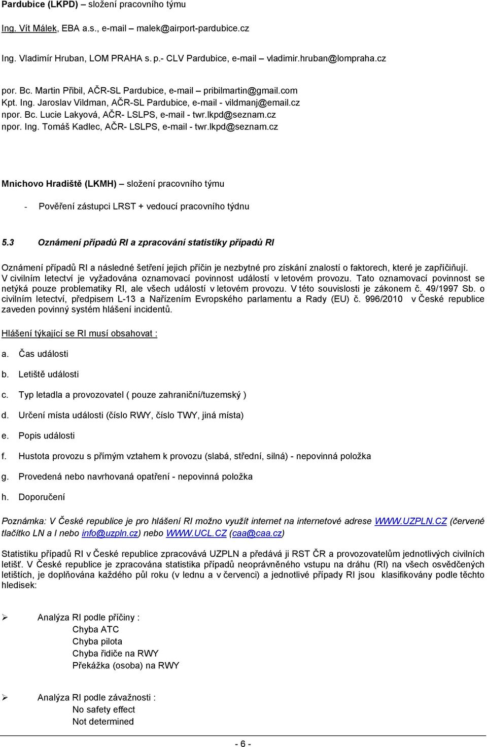 cz npor. Ing. Tomáš Kadlec, AČR- LSLPS, e-mail - twr.lkpd@seznam.cz Mnichovo Hradiště (LKMH) složení pracovního týmu - Pověření zástupci LRST + vedoucí pracovního týdnu 5.