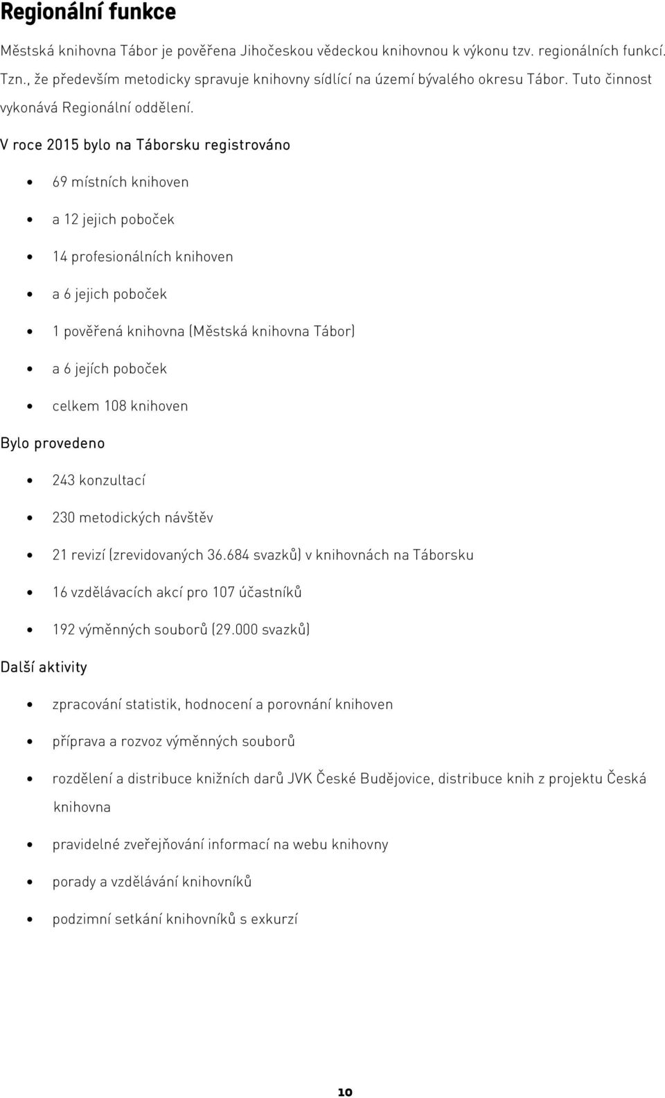 V roce 2015 bylo na Táborsku registrováno 69 místních knihoven a 12 jejich poboček 14 profesionálních knihoven a 6 jejich poboček 1 pověřená knihovna (Městská knihovna Tábor) a 6 jejích poboček