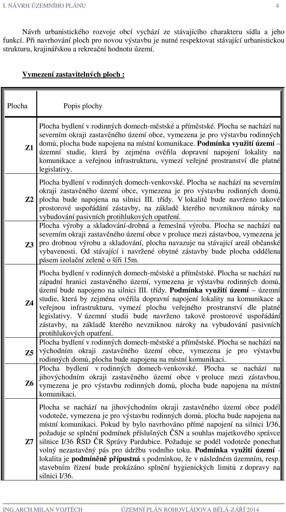 Vymezení zastavitelných ploch : Plocha Z1 Z2 Z3 Z4 Z5 Z6 Z7 Popis plochy Plocha bydlení v rodinných domech-městské a příměstské.