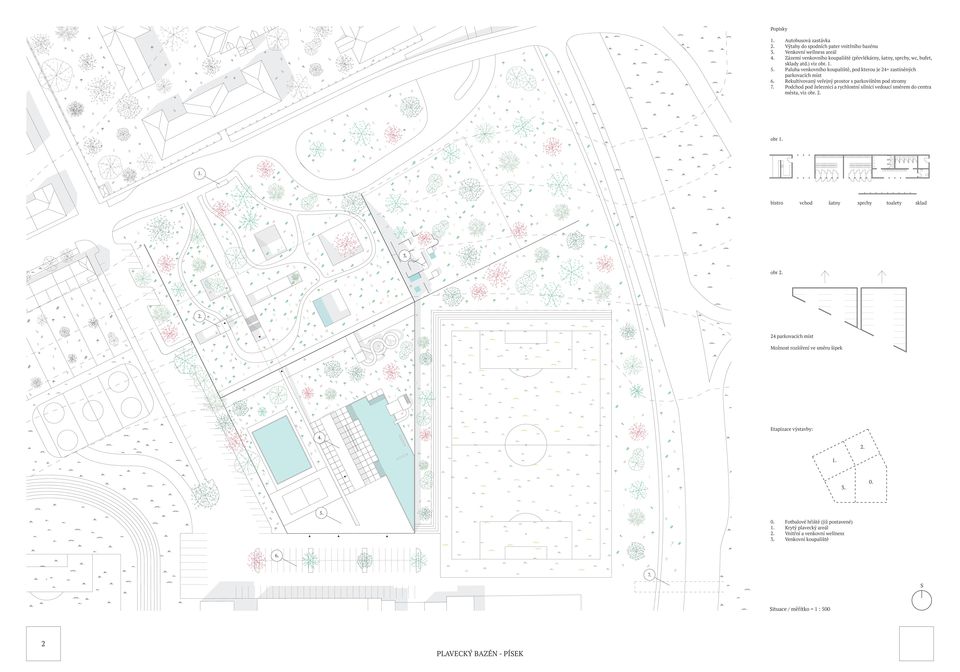 Rekultivovaný veřejný prostor s parkovištěm pod stromy 7. Podchod pod železnicí a rychlostní silnicí vedoucí směrem do centra města, viz obr.