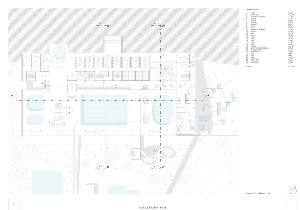 šatna 7,0 m² 7. šatna 7,5 m² 8. sklad 0,8 m² 9. tribuna 76,8 m² 0. galerie relaxačního bazénu 88,0 m². chodba k wellness, m². předprostor,8 m². bar 8, m² 4.