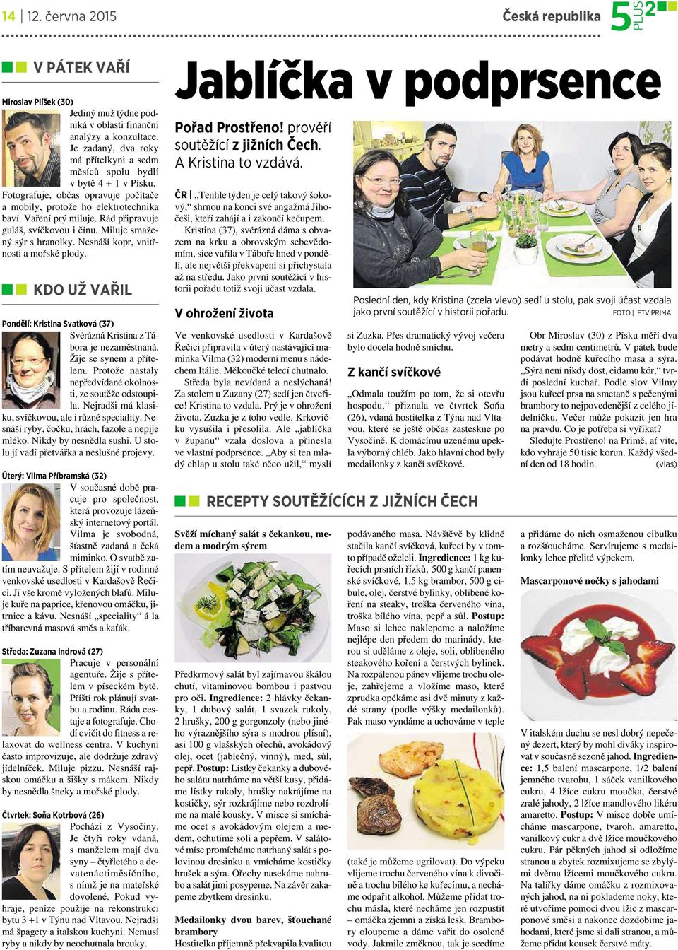 Rád připravuje guláš, svíčkovou ičínu. Miluje smažený sýr shranolky. Nesnáší kopr, vnitřnosti a mořské plody. KDO UŽ VAŘIL Pondělí: Kristina Svatková (37) SvéráznáKristina ztábora je nezaměstnaná.