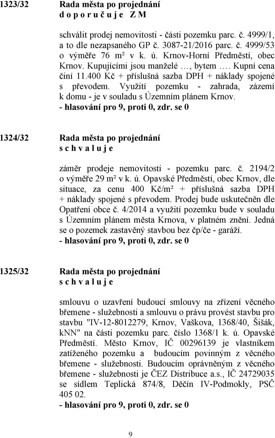 Využití pozemku - zahrada, zázemí k domu - je v souladu s Územním plánem Krnov. 1324/32 Rada města po projednání záměr prodeje nemovitosti - pozemku parc. č. 2194/2 o výměře 29 m² v k. ú.
