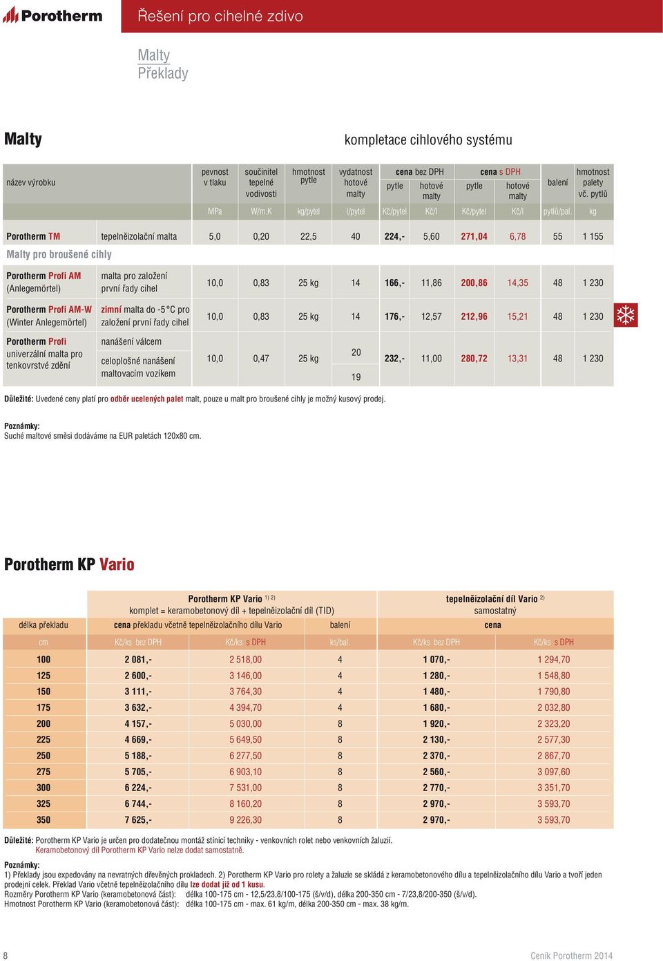kg Porotherm TM tepelněizolační malta 5,0 0,20 22,5 40 224,- 5,60 271,04 6,78 55 1 155 Malty pro broušené cihly Porotherm Profi AM (Anlegemörtel) malta pro založení první řady cihel 10,0 0,83 25 kg