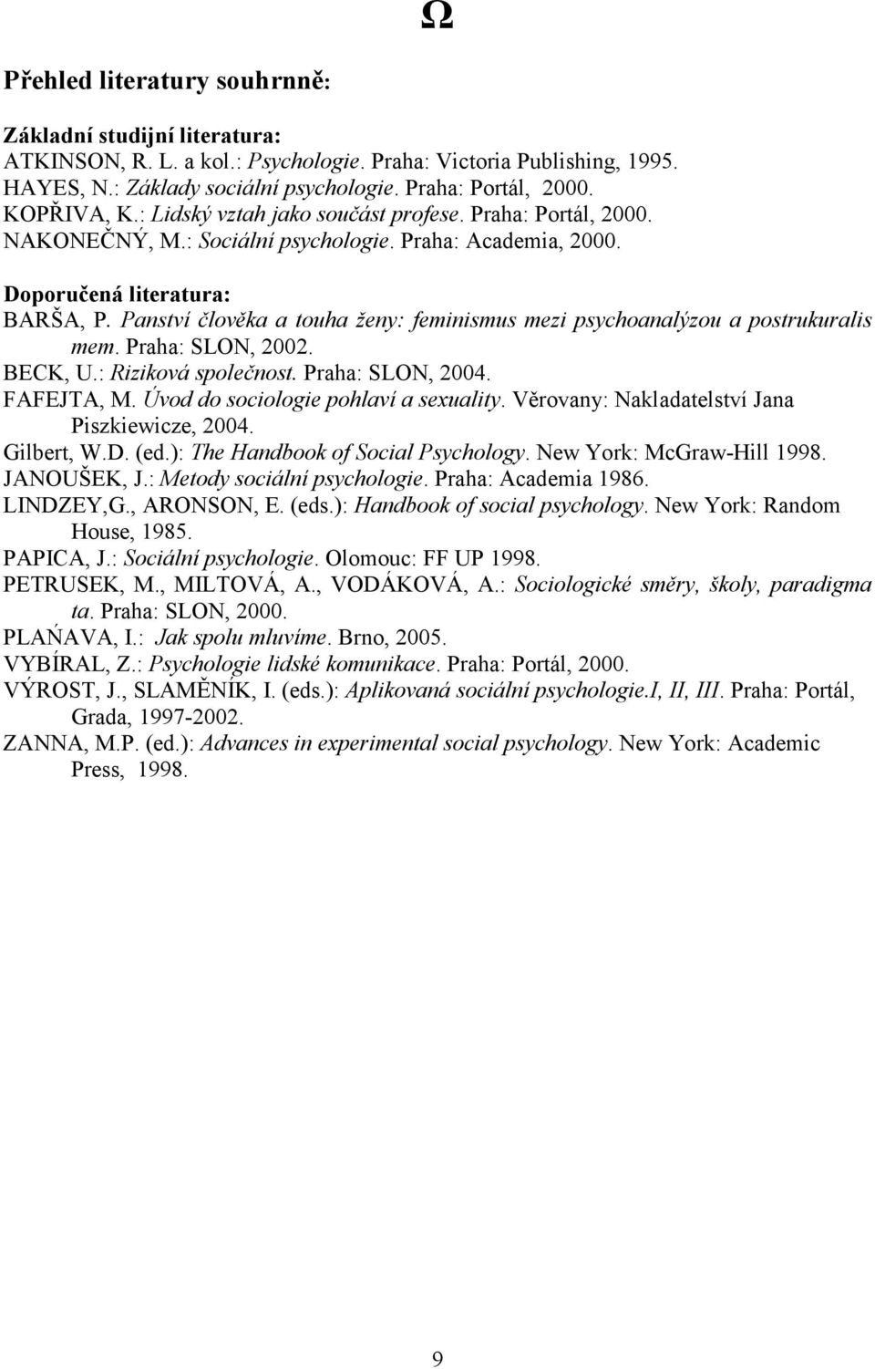 Praha: SLON, 2002. BECK, U.: Riziková společnost. Praha: SLON, 2004. FAFEJTA, M. Úvod do sociologie pohlaví a sexuality. Věrovany: Nakladatelství Jana Piszkiewicze, 2004. Gilbert, W.D. (ed.