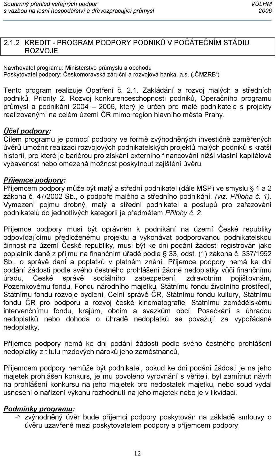 Rozvoj konkurenceschopnosti podniků, Operačního programu průmysl a podnikání 2004 2006, který je určen pro malé podnikatele s projekty realizovanými na celém území ČR mimo region hlavního města Prahy.