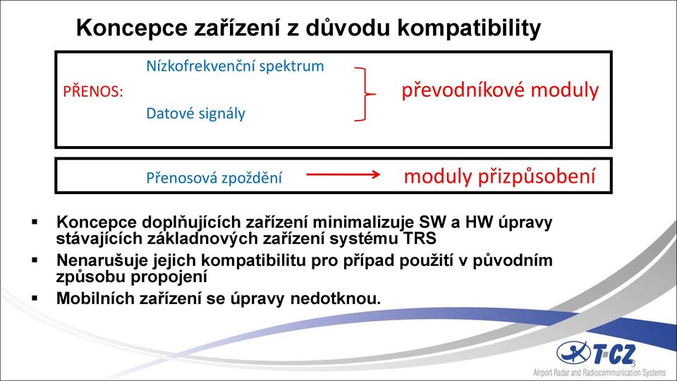 minimalizuje SW a HW úpravy stávajících základnových zařízení systému TRS Nenarušuje jejich