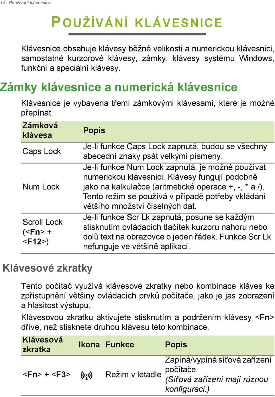 Zámková klávesa Caps Lock Num Lock Scroll Lock (<Fn> + <F12>) Klávesové zkratky Popis Je-li funkce Caps Lock zapnutá, budou se všechny abecední znaky psát velkými písmeny.