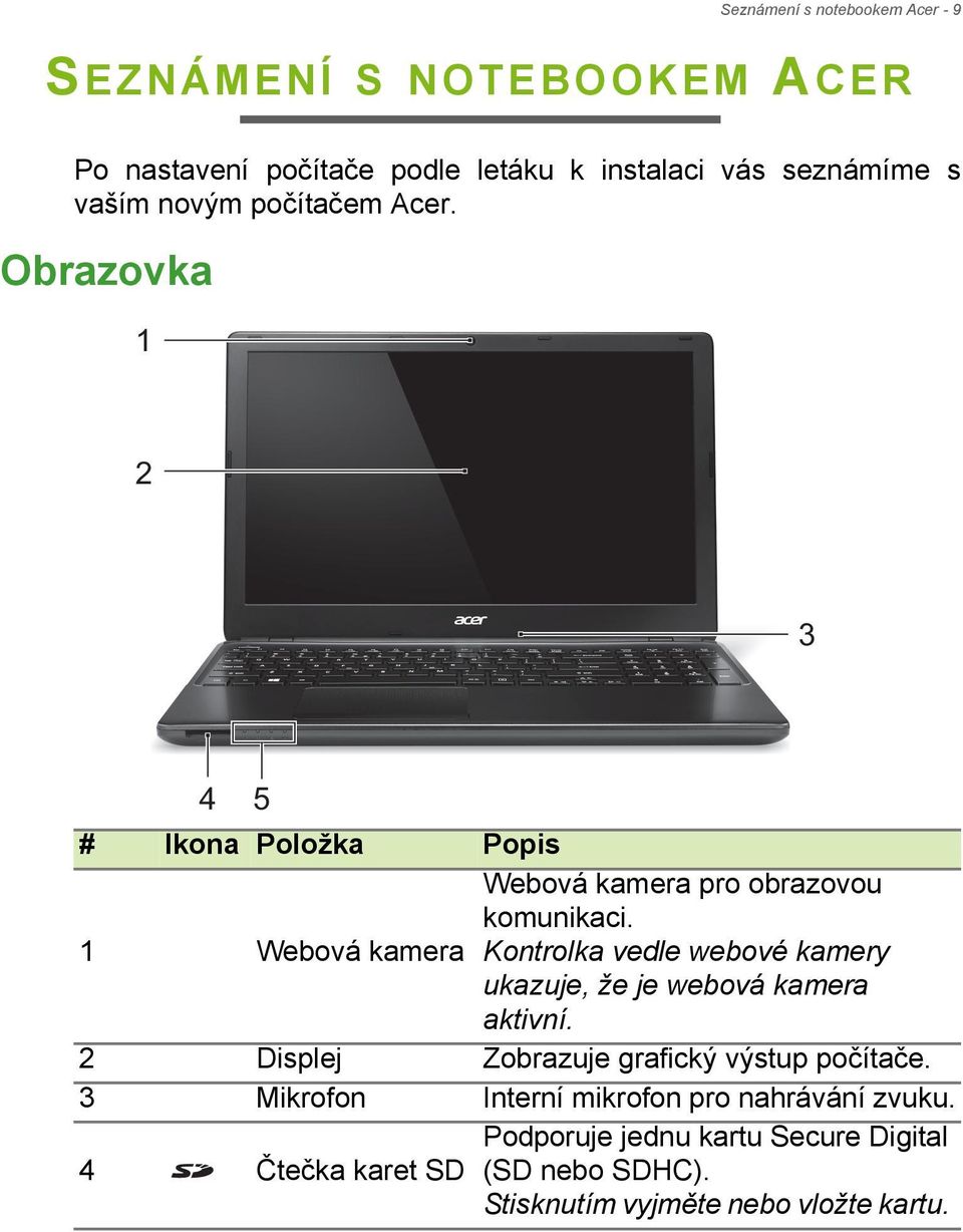 Kontrolka vedle webové kamery ukazuje, že je webová kamera aktivní. 2 Displej Zobrazuje grafický výstup počítače.