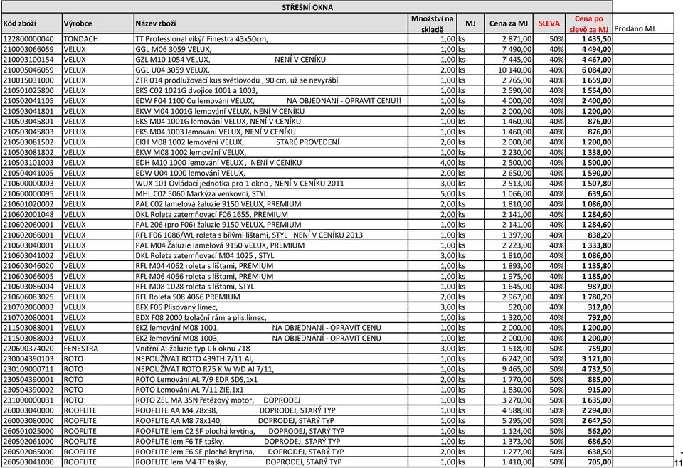 nevyrábí 1,00 ks 2 765,00 40% 1 659,00 210501025800 VELUX EKS C02 1021G dvojice 1001 a 1003, 1,00 ks 2 590,00 40% 1 554,00 210502041105 VELUX EDW F04 1100 Cu lemování VELUX, NA OBJEDNÁNÍ OPRAVIT CENU!