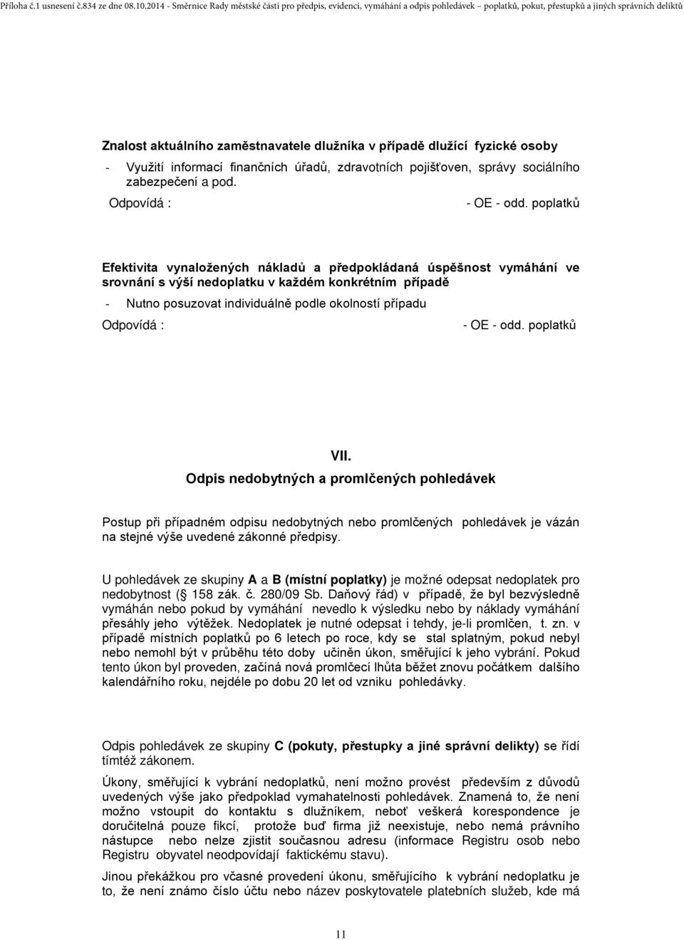 - OE - odd. poplatků VII. Odpis nedobytných a promlčených pohledávek Postup při případném odpisu nedobytných nebo promlčených pohledávek je vázán na stejné výše uvedené zákonné předpisy.