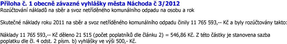 odpadu na osobu a rok Skutečné náklady roku 2011 na sběr a svoz netříděného komunálního odpadu činily 11 765