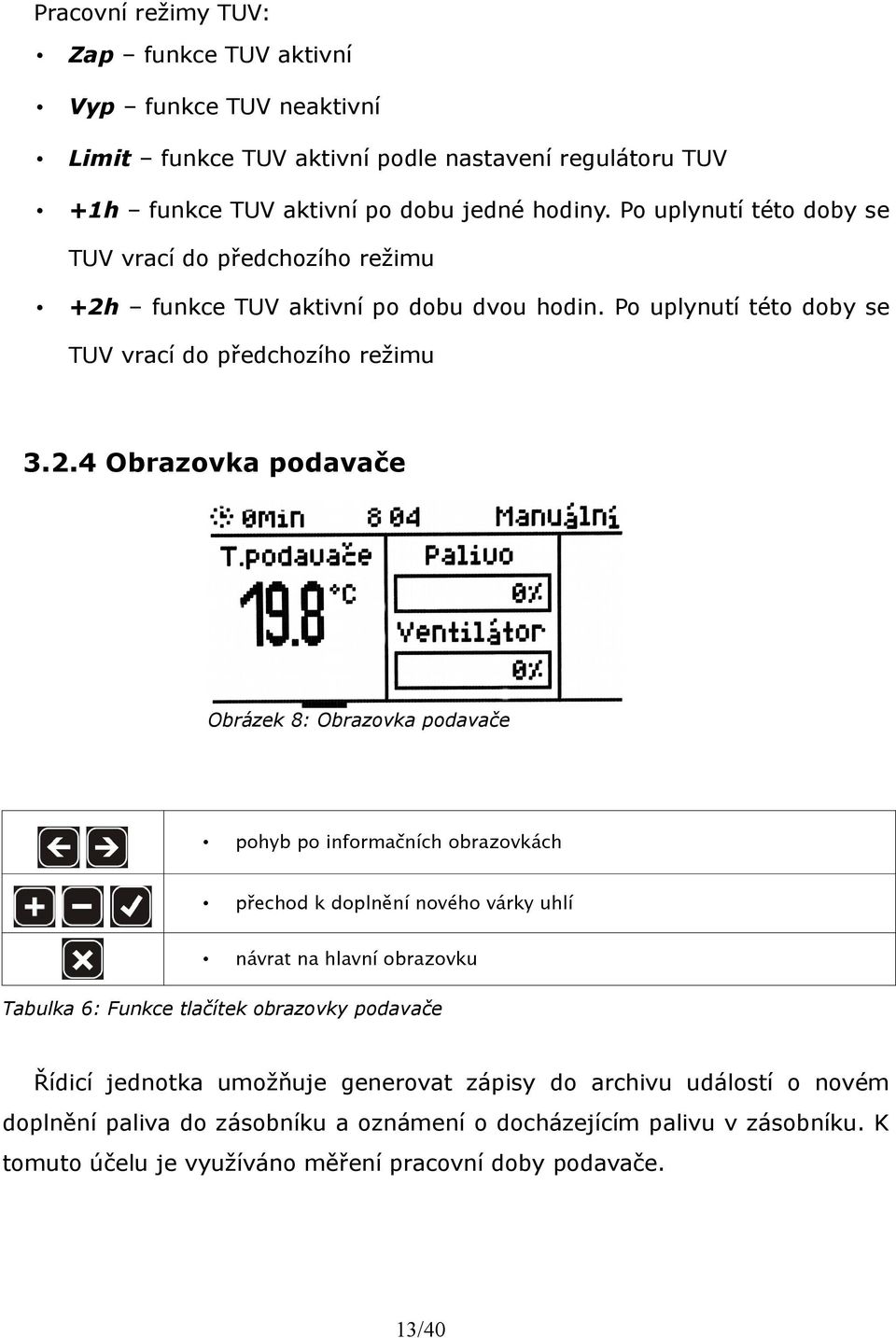 funkce TUV aktivní po dobu dvou hodin. Po uplynutí této doby se TUV vrací do předchozího režimu 3.2.