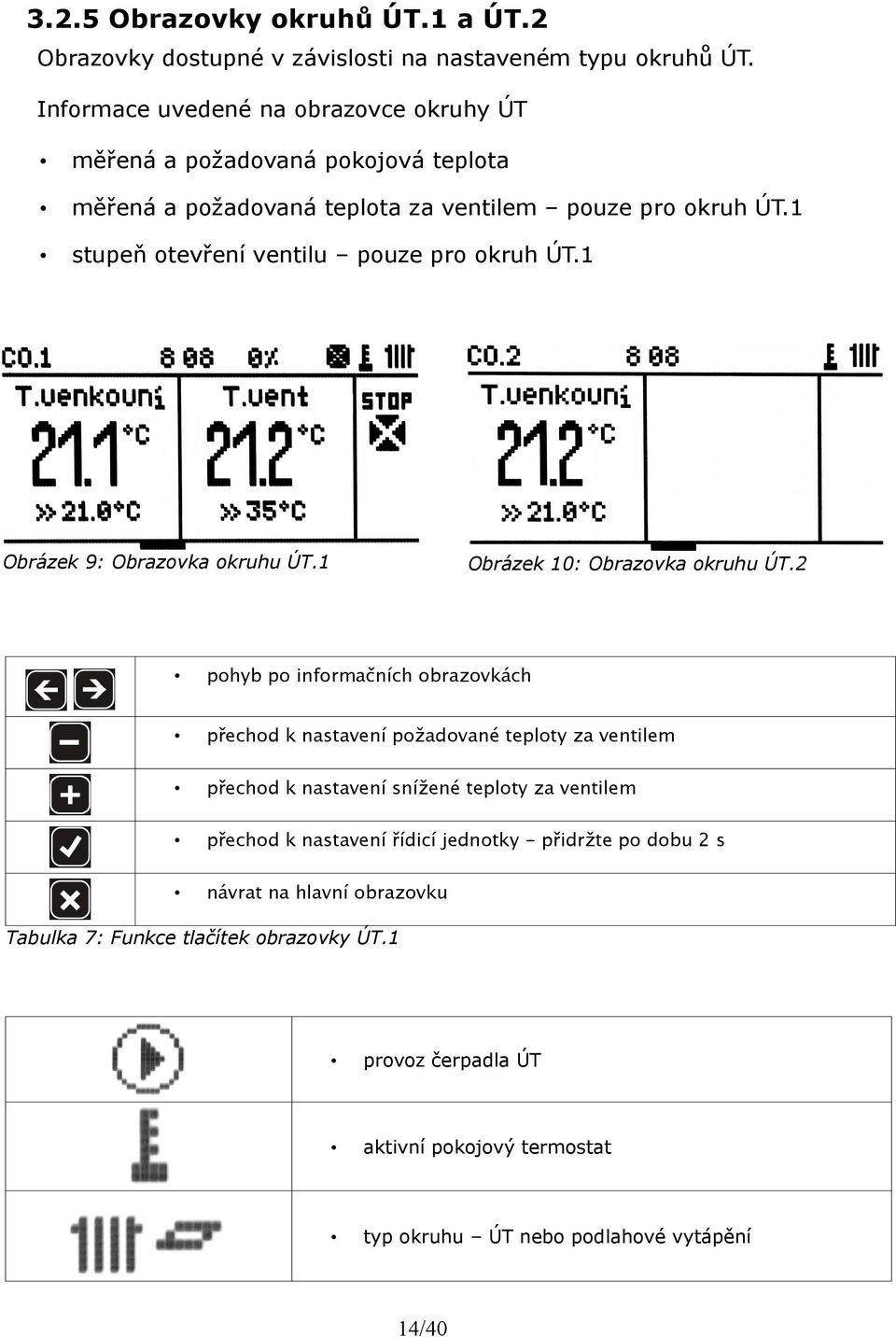 1 stupeň otevření ventilu pouze pro okruh ÚT.1 Obrázek 9: Obrazovka okruhu ÚT.1 Obrázek 10: Obrazovka okruhu ÚT.