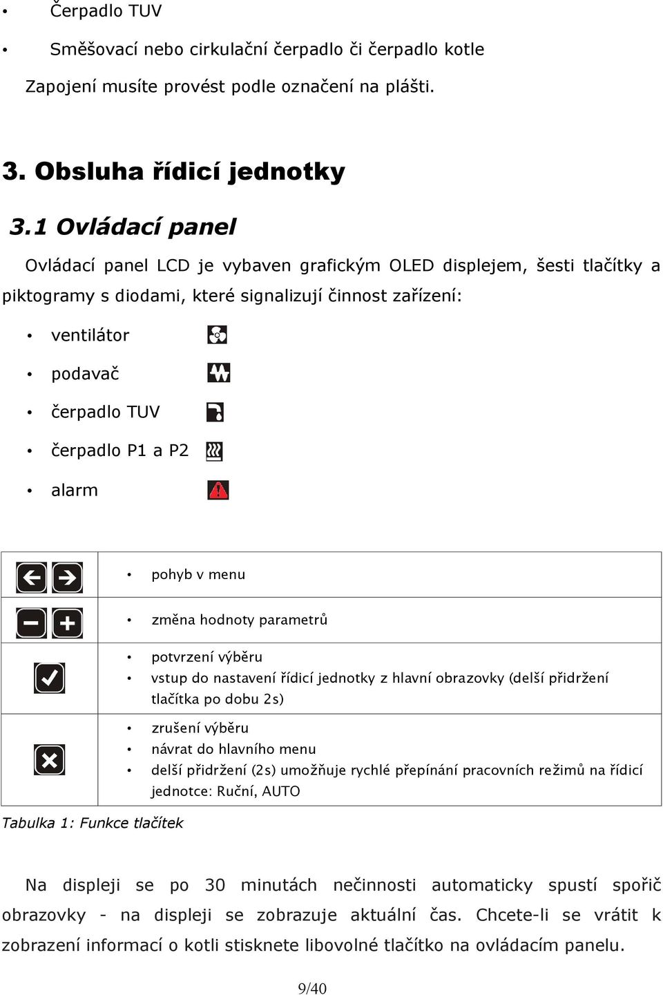 alarm pohyb v menu změna hodnoty parametrů potvrzení výběru vstup do nastavení řídicí jednotky z hlavní obrazovky (delší přidržení tlačítka po dobu 2s) zrušení výběru návrat do hlavního menu delší