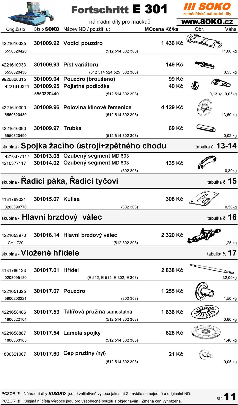 95 Pojistná podložka 5550320440 (512 514 302 303) 0,13 kg 0,05kg 4221610300 301009.96 Polovina klínové řemenice 5550320480 (512 514 302 303) 13,60 kg 4221610390 301009.