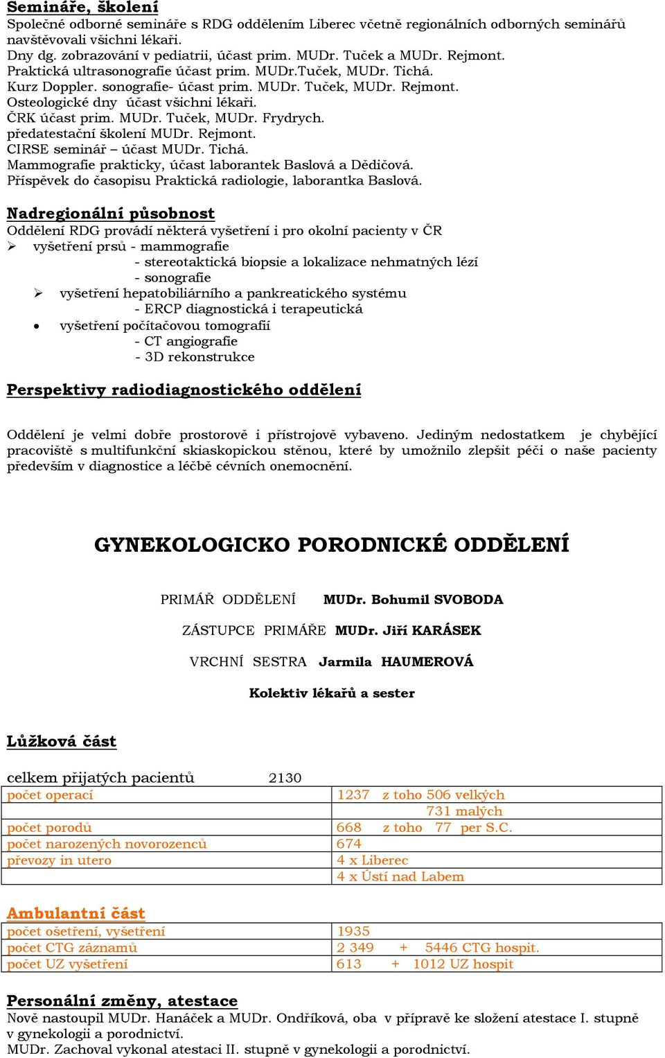 předatestační školení MUDr. Rejmont. CIRSE seminář účast MUDr. Tichá. Mammografie prakticky, účast laborantek Baslová a Dědičová. Příspěvek do časopisu Praktická radiologie, laborantka Baslová.