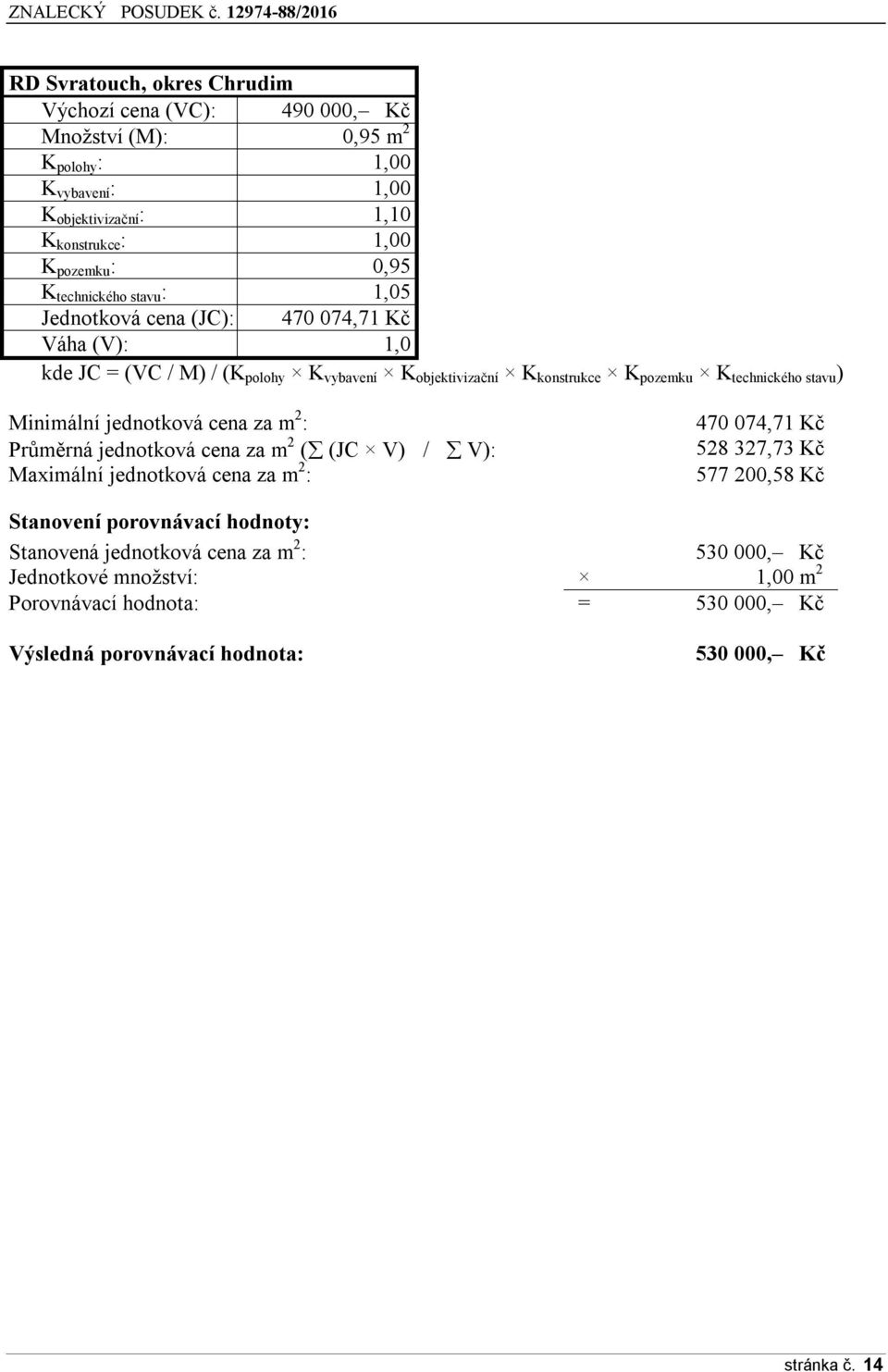 Minimální jednotková cena za m 2 : Průměrná jednotková cena za m 2 ( (JC V) / V): Maximální jednotková cena za m 2 : 470 074,71 Kč 528 327,73 Kč 577 200,58 Kč Stanovení