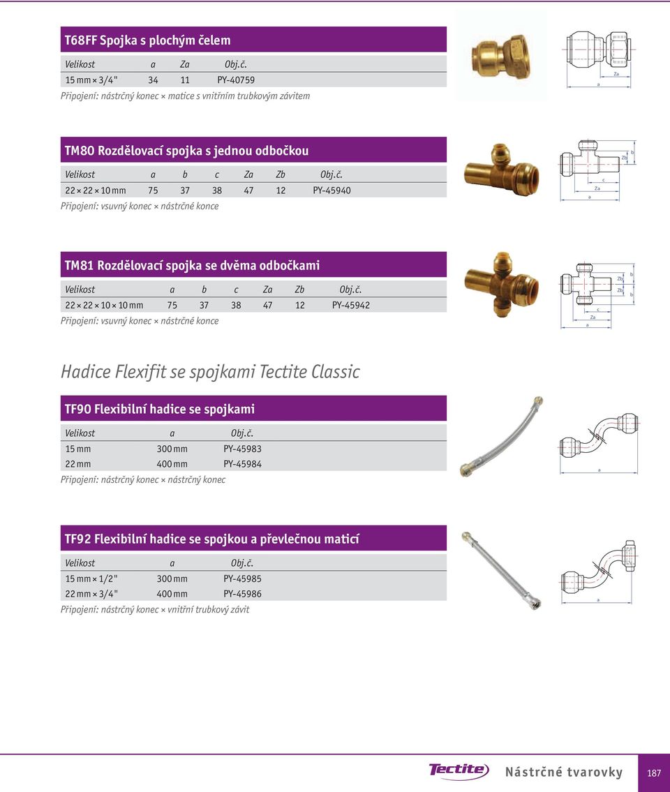 č. 15 mm 1/2" 300 mm PY-45985 22 mm 3/4" 400 mm PY-45986 Připojení: nástrčný konec vnitřní trukový závit Nástrčné tvrovky 187