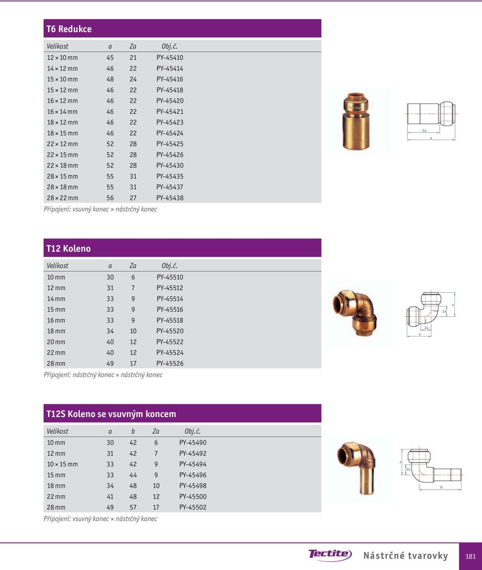 mm 52 28 PY-45425 22 15 mm 52 28 PY-45426 22 18 mm 52 28 PY-45430 28 15 mm 55 31 PY-45435 28 18 mm 55 31 PY-45437 28 22 mm 56 27 PY-45438 Připojení: vsuvný konec nástrčný konec Z T12 Koleno Velikost