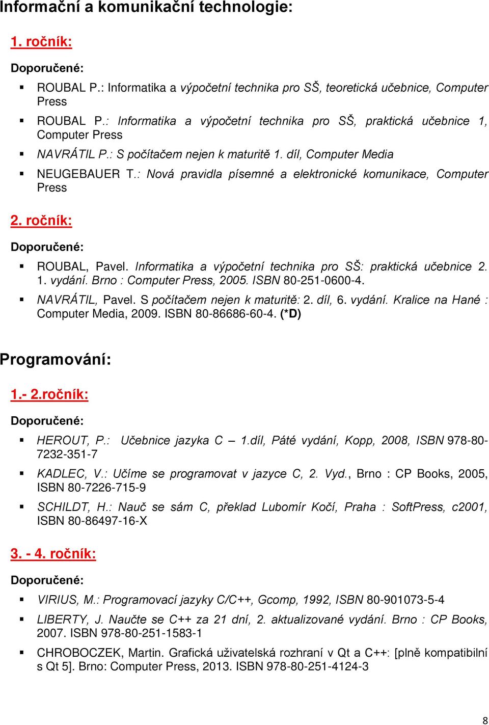: Nová pravidla písemné a elektronické komunikace, Computer Press ROUBAL, Pavel. Informatika a výpočetní technika pro SŠ: praktická učebnice 2. 1. vydání. Brno : Computer Press, 2005.