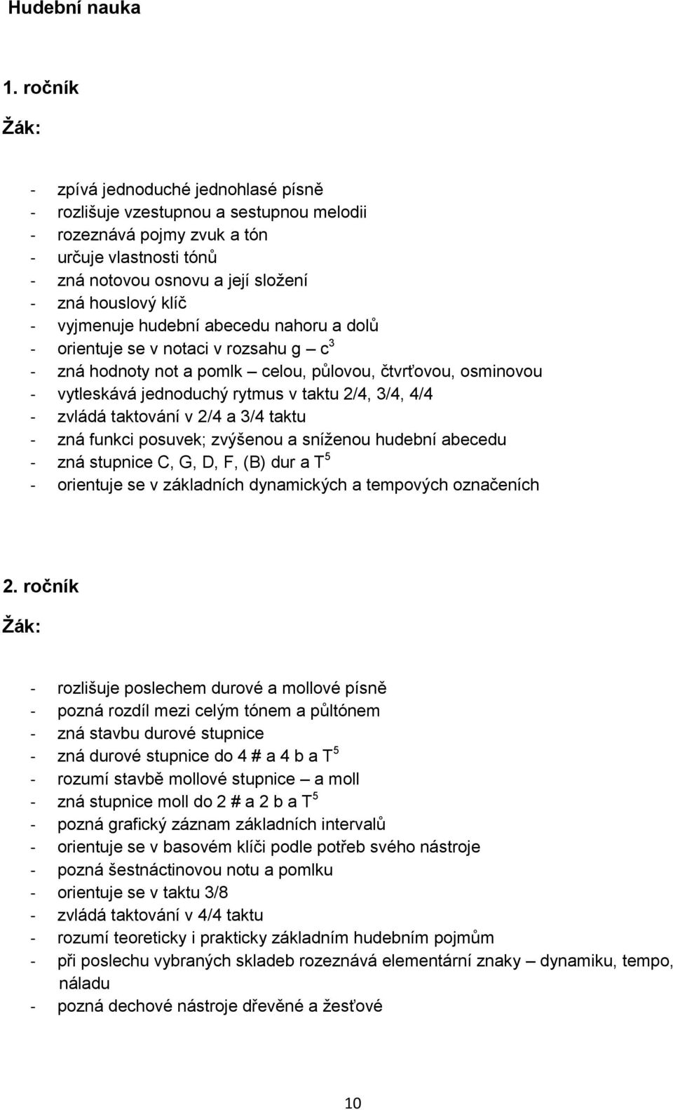 vyjmenuje hudební abecedu nahoru a dolů - orientuje se v notaci v rozsahu g c 3 - zná hodnoty not a pomlk celou, půlovou, čtvrťovou, osminovou - vytleskává jednoduchý rytmus v taktu 2/4, 3/4, 4/4 -