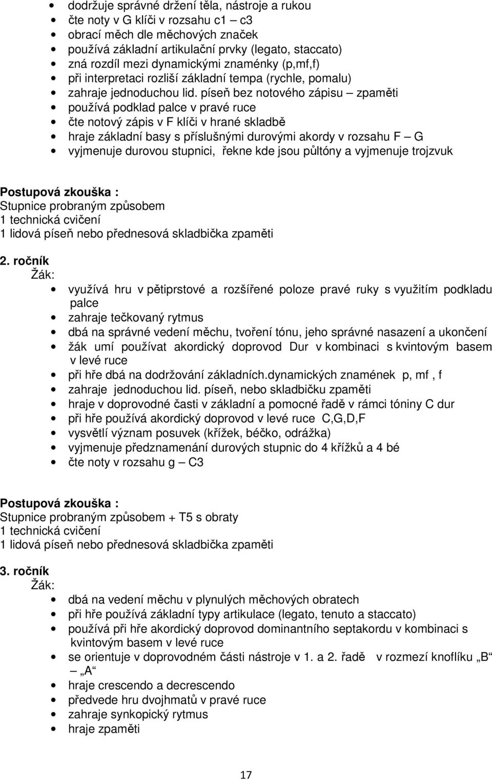 píseň bez notového zápisu zpaměti používá podklad palce v pravé ruce čte notový zápis v F klíči v hrané skladbě hraje základní basy s příslušnými durovými akordy v rozsahu F G vyjmenuje durovou