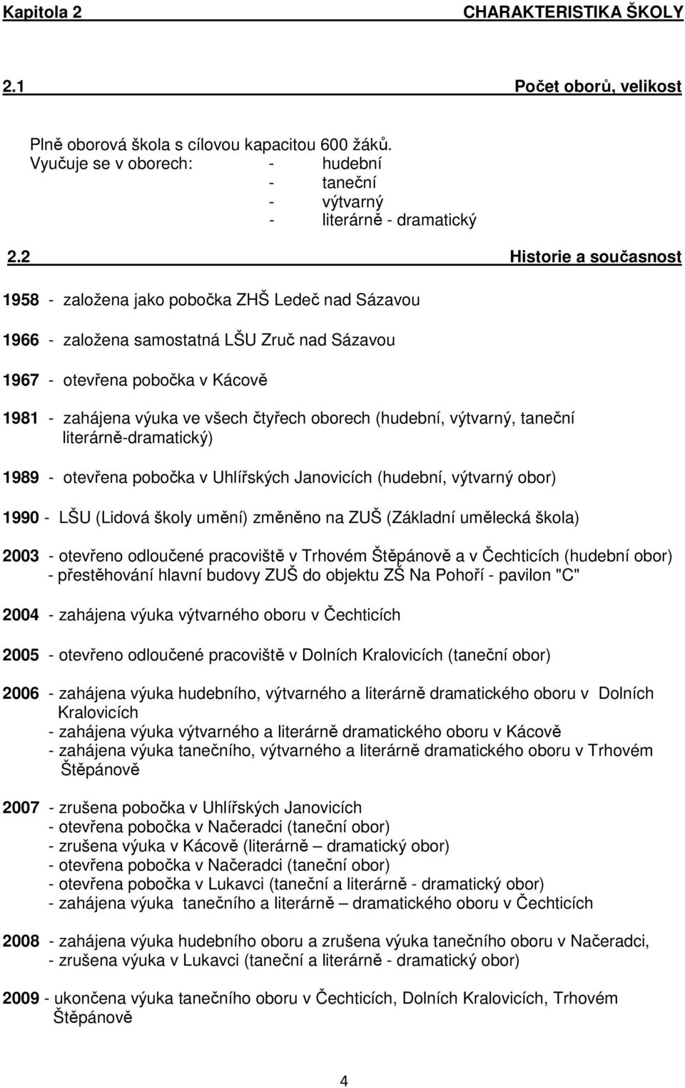 oborech (hudební, výtvarný, taneční literárně-dramatický) 1989 - otevřena pobočka v Uhlířských Janovicích (hudební, výtvarný obor) 1990 - LŠU (Lidová školy umění) změněno na ZUŠ (Základní umělecká