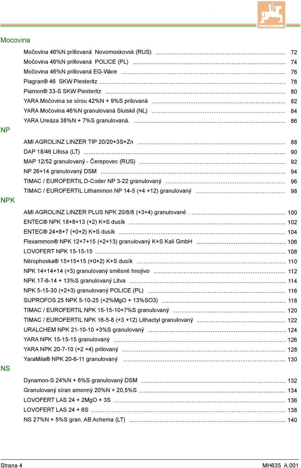 AM AGROLNZ LNZER TP 0/0+S+Zn DAP / Lifosa (LT) 0 MAP / granulovaný - Čerepovec (RUS) NP + granulovaný DSM TMAC / EUROFERTL D-Coder NP - granulovaný TMAC / EUROFERTL Lithammon NP - (+ +) granulovaný
