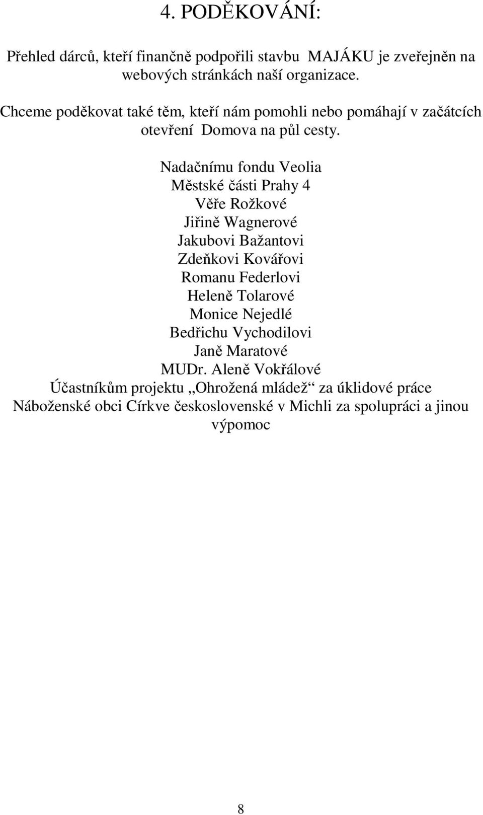 Nadačnímu fondu Veolia Městské části Prahy 4 Věře Rožkové Jiřině Wagnerové Jakubovi Bažantovi Zdeňkovi Kovářovi Romanu Federlovi Heleně