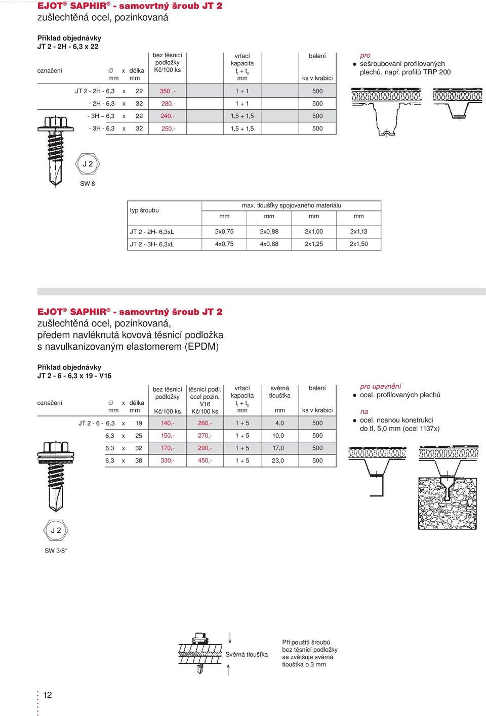tloušťky spojovaného materiálu JT2-2H- 6,3xL 2x0,75 2x0,88 2x1,00 2x1,13 JT2-3H- 6,3xL 4x0,75 4x0,88 2x1,25 2x1,50 EJOT SAPHIR - samovrtný šroub JT2 předem vléknutá kovová