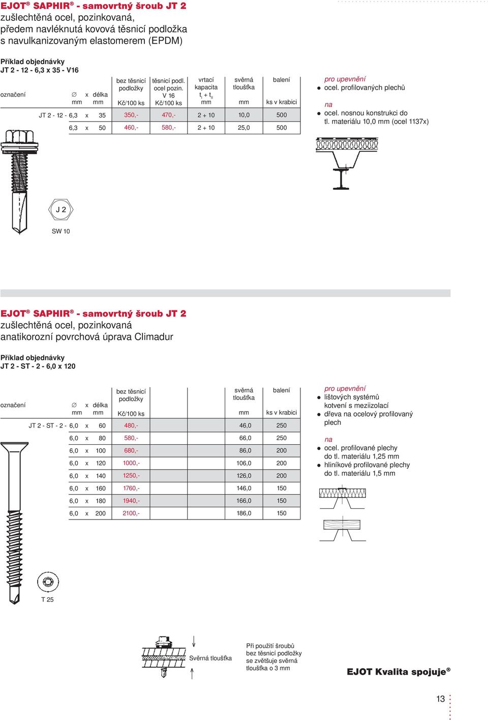 materiálu 10,0 (ocel 1137x) SW 10 EJOT SAPHIR - samovrtný šroub JT2 atikorozní povrchováúpravaclimadur JT2 - ST - 2-6,0 x 120 JT 2 - ST-2-6,0 x 60 480,- 46,0 250 lištových systémů