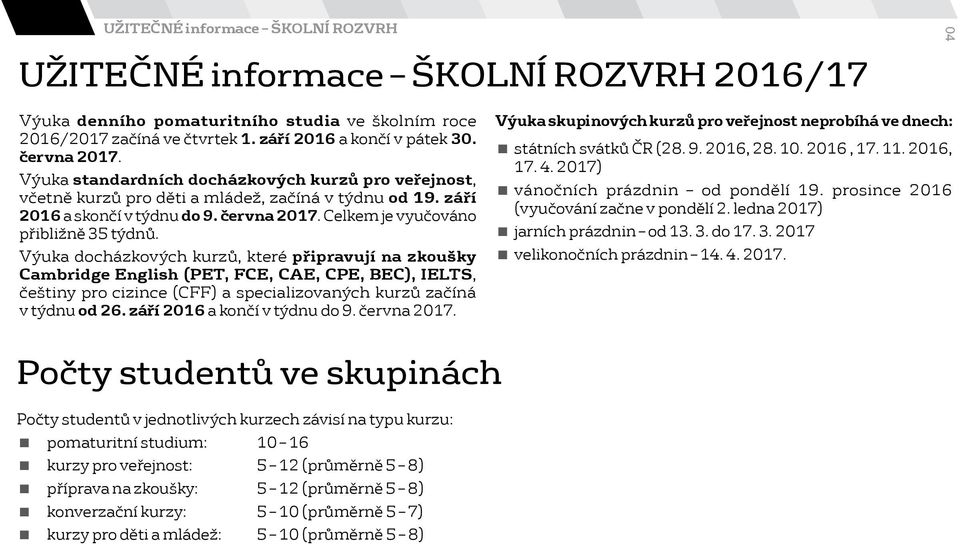 Celkem je vyučováno přibližně 35 týdnů.
