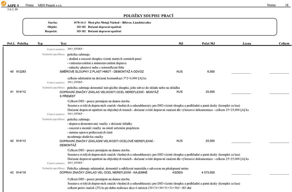 Strana: 18 Náchod Běloves, Lázeňská ulice - dodání a osazení sloupku včetně nutných zemních prací - vnitrostaveništní a mimostaveništní doprava - odrazky plastové nebo z retroreflexní fólie 40 912283