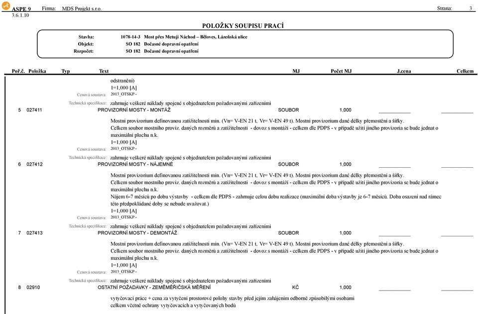 Strana: 3 Náchod Běloves, Lázeňská ulice odstranění) 1=1,000 [A] Technická specifikace: zahrnuje veškeré náklady spojené s objednatelem požadovanými zařízeními 5 027411 PROVIZORNÍ MOSTY - MONTÁŽ