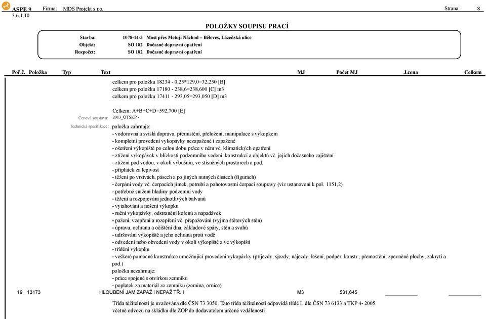 Strana: 8 Náchod Běloves, Lázeňská ulice celkem pro položku 18234-0,25*129,0=32,250 [B] celkem pro položku 17180-238,6=238,600 [C] m3 celkem pro položku 17411-293,05=293,050 [D] m3 Celkem: