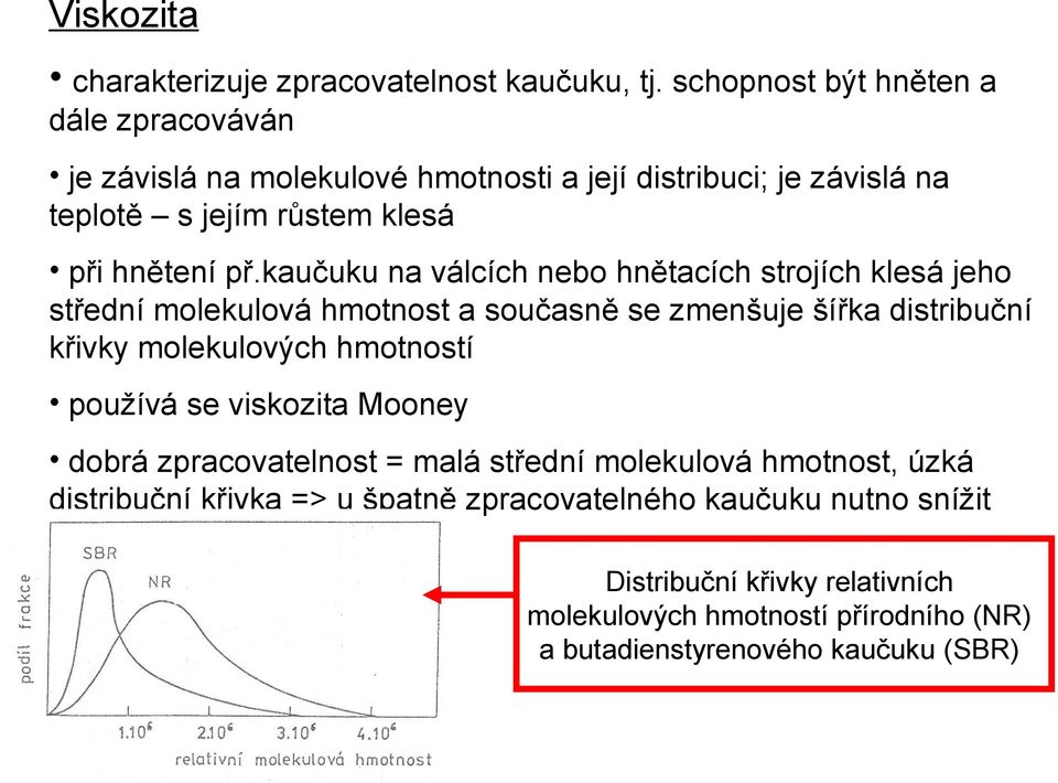 kaučuku na válcích nebo hnětacích strojích klesá jeho střední molekulová hmotnost a současně se zmenšuje šířka distribuční křivky molekulových hmotností používá