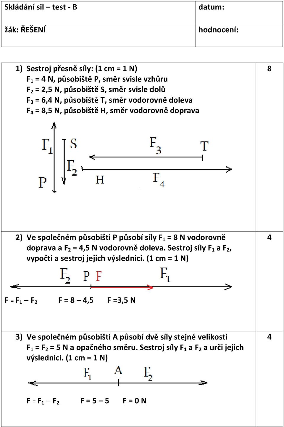 vodorovně doprava a F =,5 N vodorovně doleva. Sestroj síly F 1 a F, vypočti a sestroj jejich výslednici.