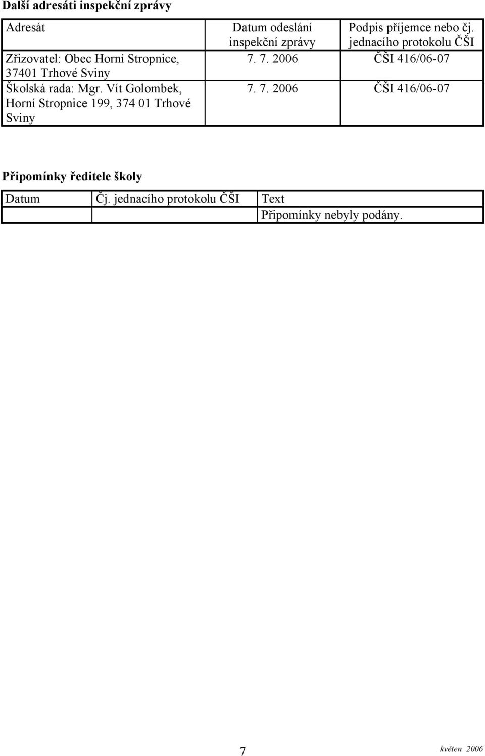 Vít Golombek, Horní Stropnice 199, 374 01 Trhové Sviny Datum odeslání inspekční zprávy Podpis