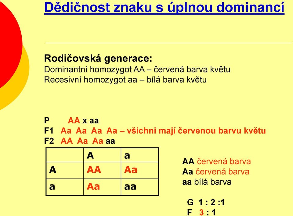 AA x aa F1 Aa Aa Aa Aa všichni mají červenou barvu květu F2 AA Aa Aa aa A