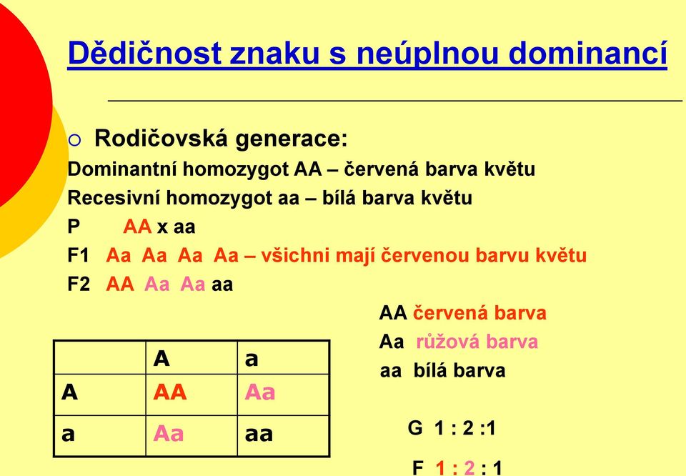 AA x aa F1 Aa Aa Aa Aa všichni mají červenou barvu květu F2 AA Aa Aa aa AA