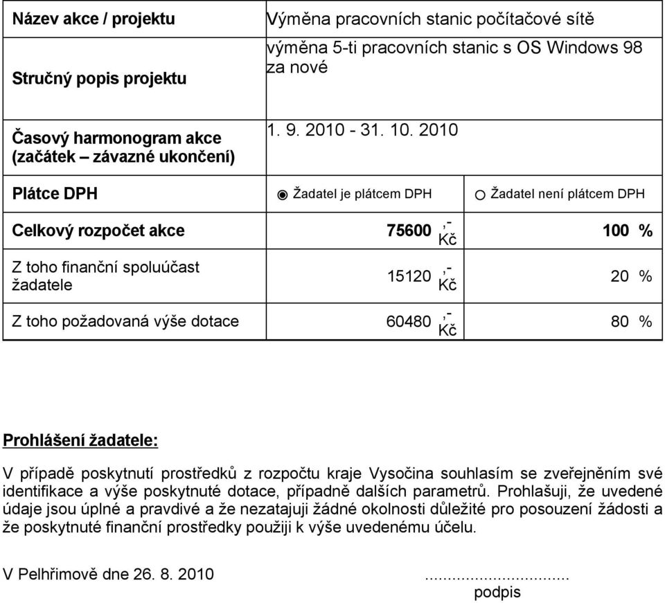 Prohlášení žadatele: V případě poskytnutí prostředků z rozpočtu kraje Vysočina souhlasím se zveřejněním své identifikace a výše poskytnuté dotace, případně dalších parametrů.