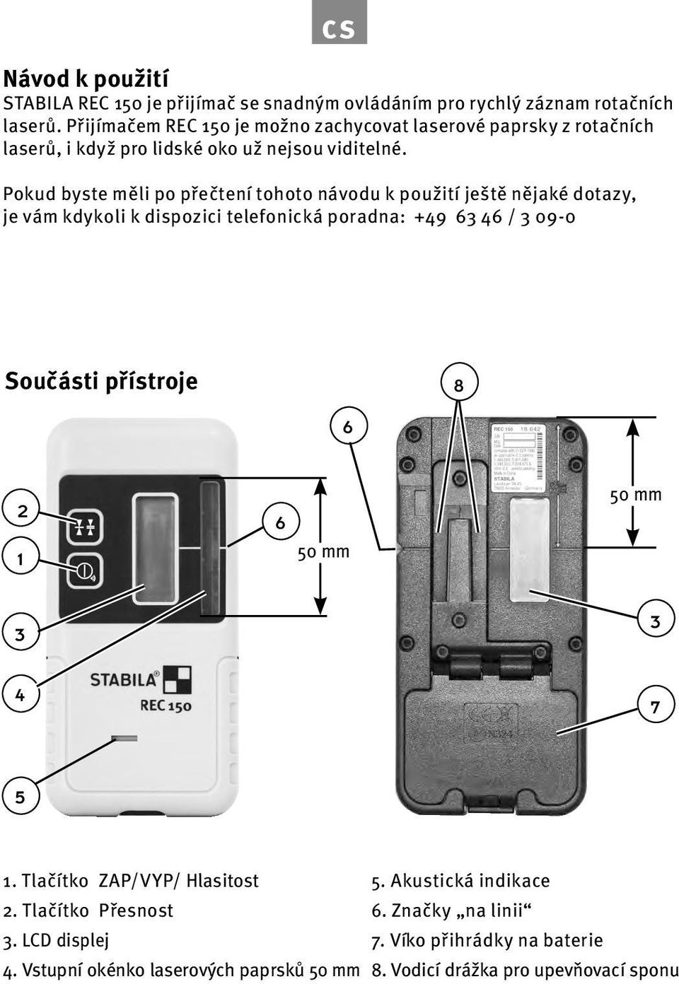 Pokud byste měli po přečtení tohoto návodu k použití ještě nějaké dotazy, je vám kdykoli k dispozici telefonická poradna: +49 63 46 / 3 09-0 Součásti