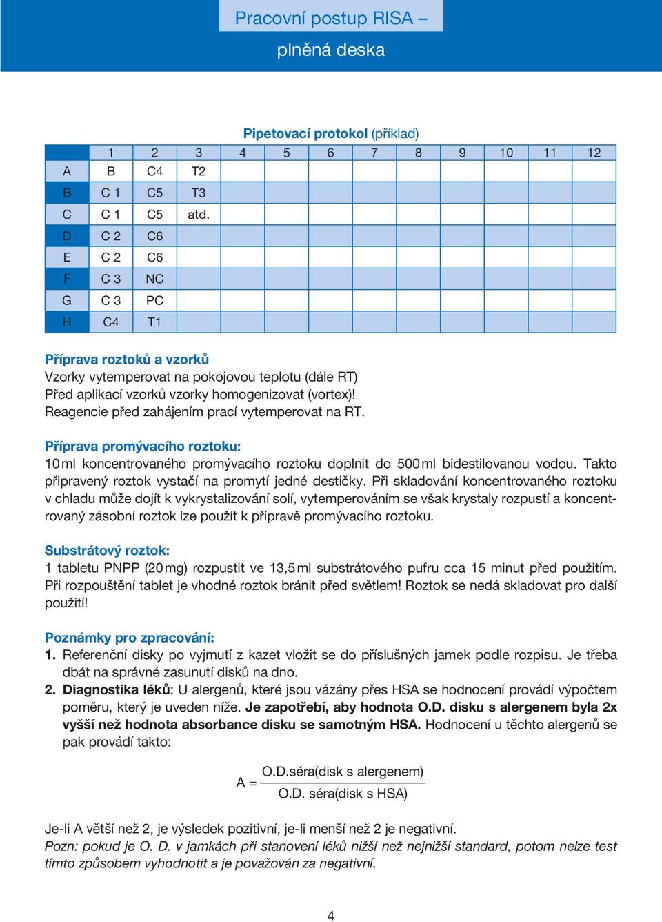 Reagencie před zahájením prací vytemperovat na RT. Příprava promývacího roztoku: 10 ml koncentrovaného promývacího roztoku doplnit do 500 ml bidestilovanou vodou.