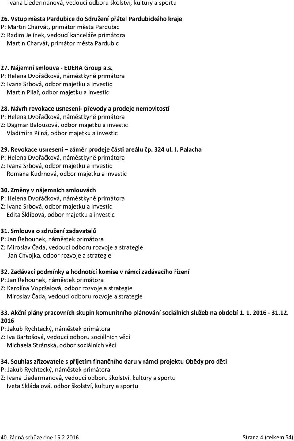 Nájemní smlouva - EDERA Group a.s. P: Helena Dvořáčková, náměstkyně primátora Z: Ivana Srbová, odbor majetku a investic Martin Pilař, odbor majetku a investic 28.