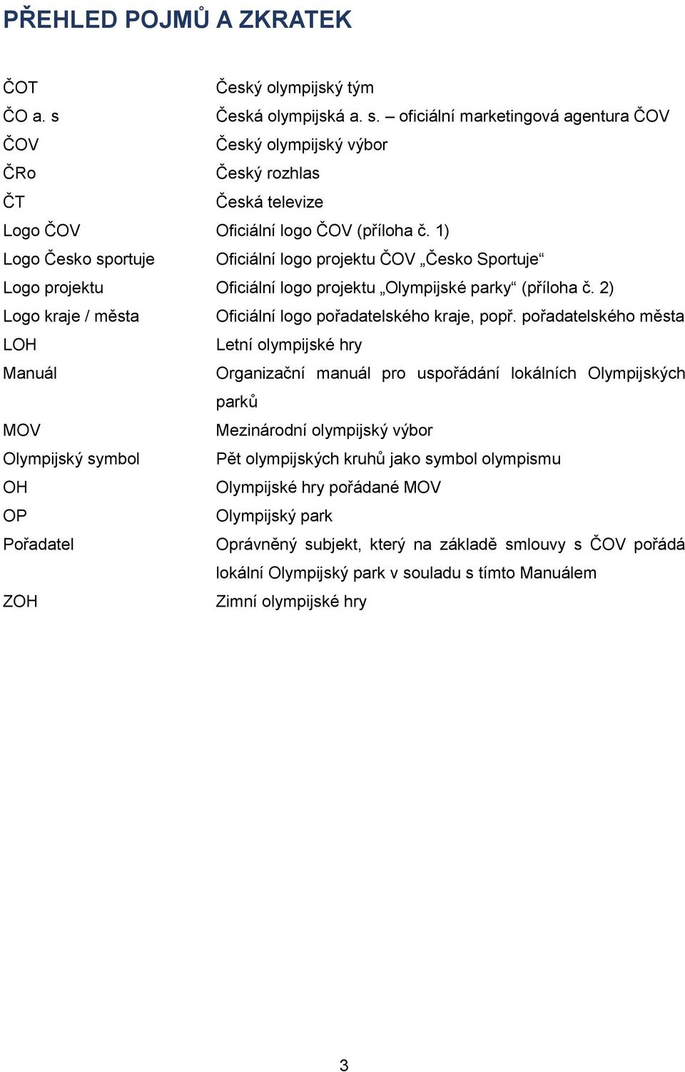 pořadatelského města LOH Letní olympijské hry Manuál Organizační manuál pro uspořádání lokálních Olympijských parků MOV Mezinárodní olympijský výbor Olympijský symbol Pět olympijských kruhů jako